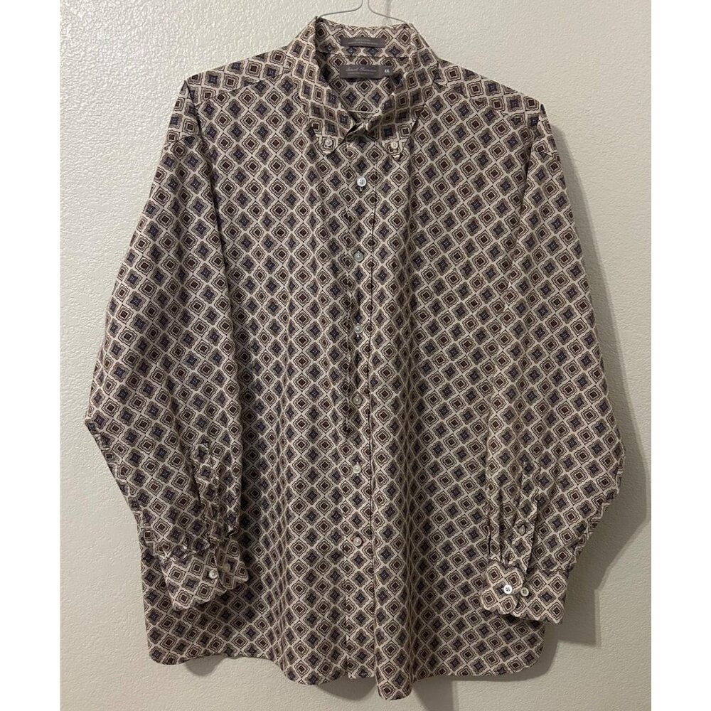 Daniel Cremieux Mens XXL Cotton Button-Up Shirt Geometric Print Brown Blue - Picture 1 of 6